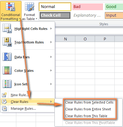 نحوه حذف قوانین مربوط به conditional formatting