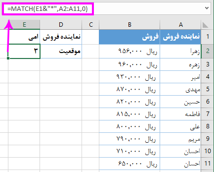 تابع MATCH همراه با کاراکتر های wildcard