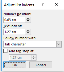 پنجره adjust list indent