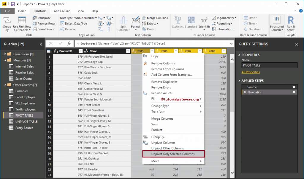 انتخاب ستون هایی که میخواهید unpivot شوند